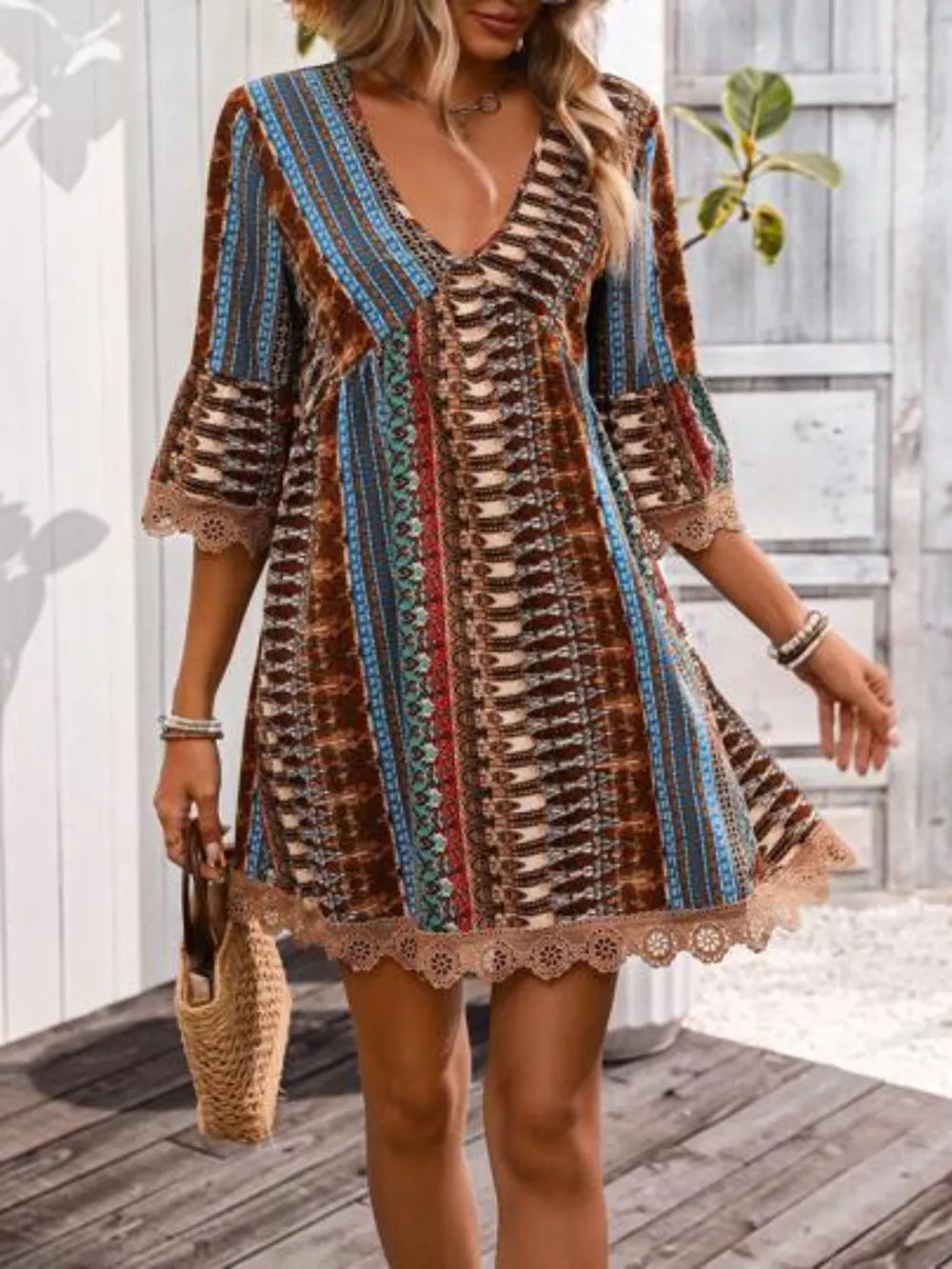 Lace Trim Printed V-Neck 3/4 Sleeve Dress | STAHlin RADIANCE