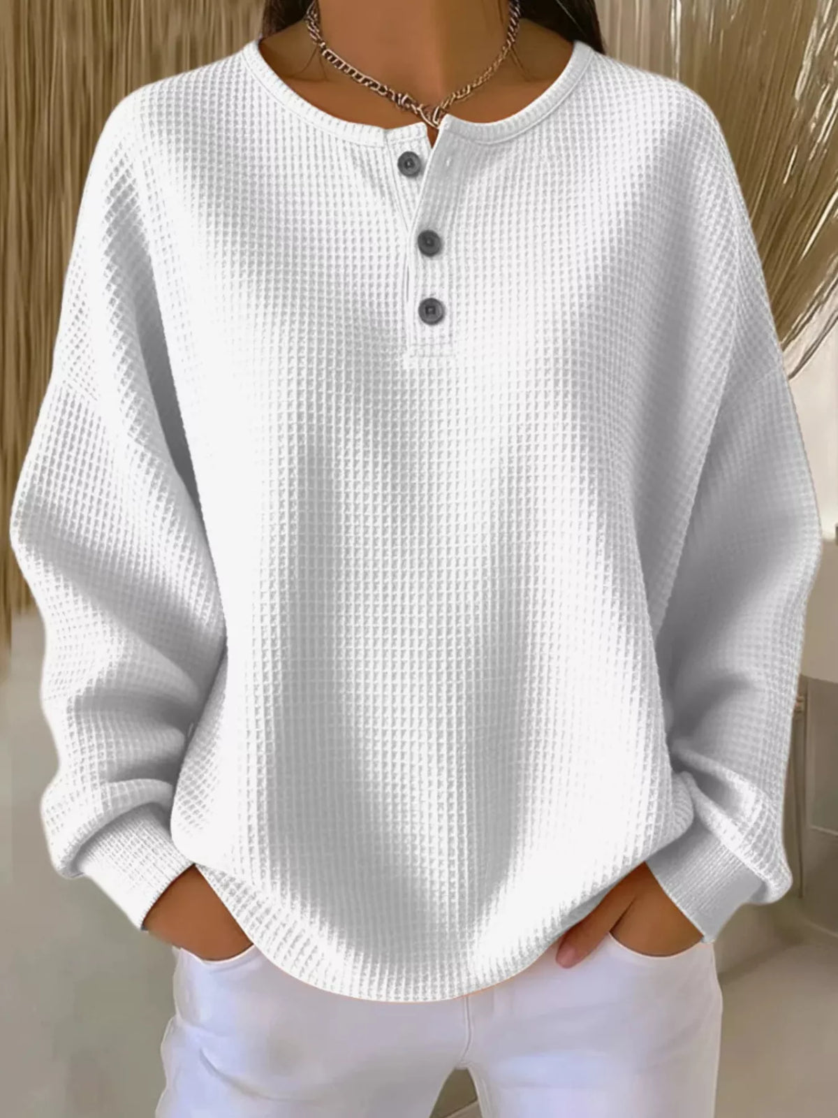 Full Size Waffle Knit Button Detail Top Plus Size | STAHlin RADIANCE