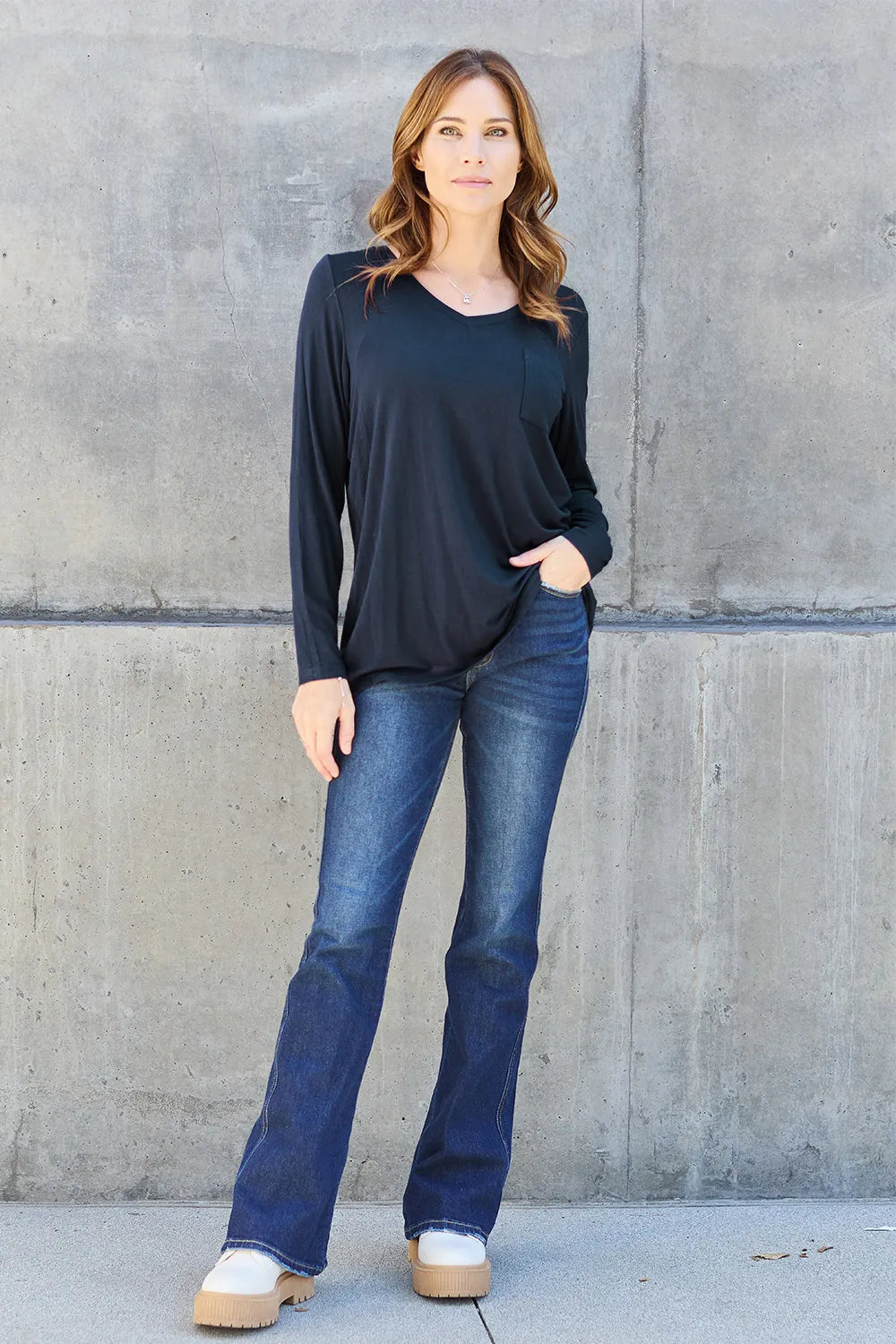 Basic Bae Full Size V-Neck Long Sleeve Top | STAHlin RADIANCE
