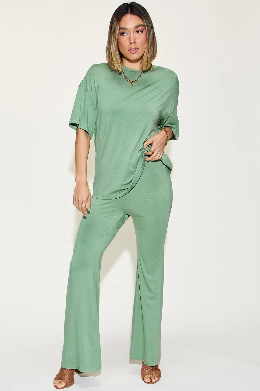 Basic Bae Full Size Bamboo Drop Shoulder T-Shirt and Flare Pants Set | STAHlin RADIANCE