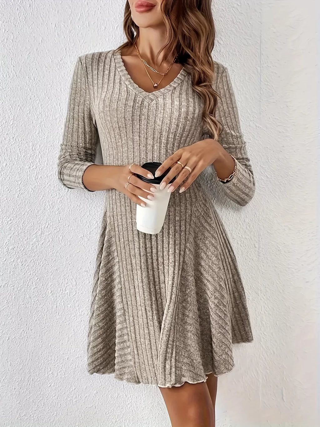 V-Neck Ribbed Knit Flared Knit Dress | STAHlin RADIANCE