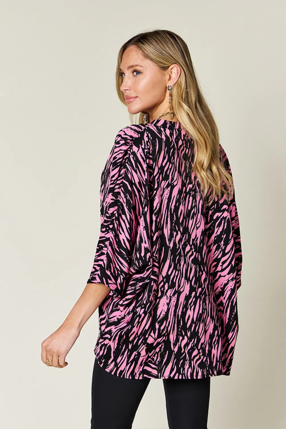 Double Take Full Size Printed Notched Three-Quarter Sleeve Blouse | STAHlin RADIANCE