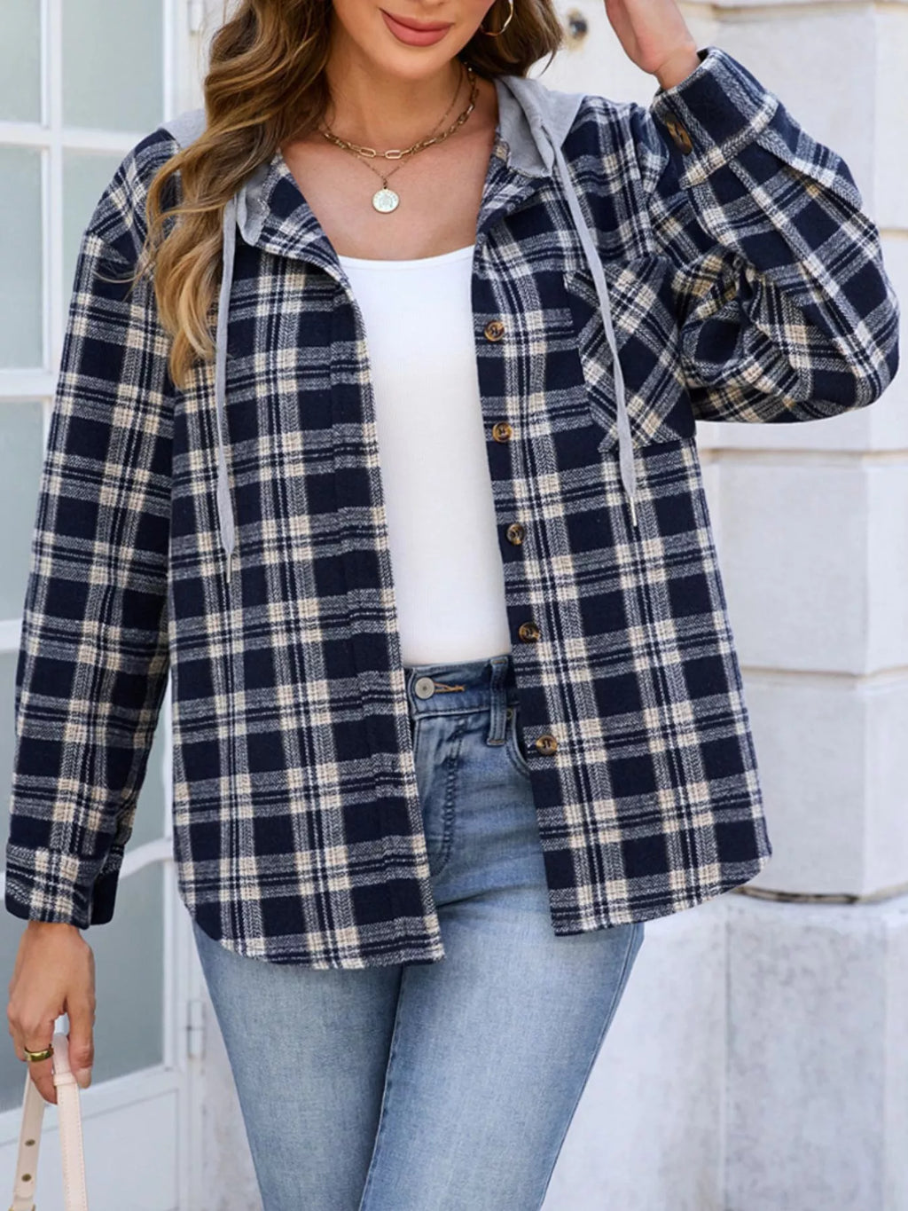 Hooded Plaid Button-Up Shacket | STAHlin RADIANCE