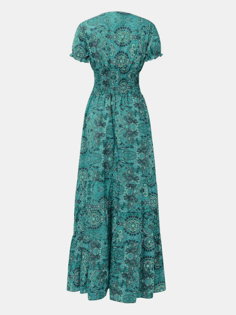 Full Size Smocked Printed V-Neck Short Sleeve Dress | STAHlin RADIANCE