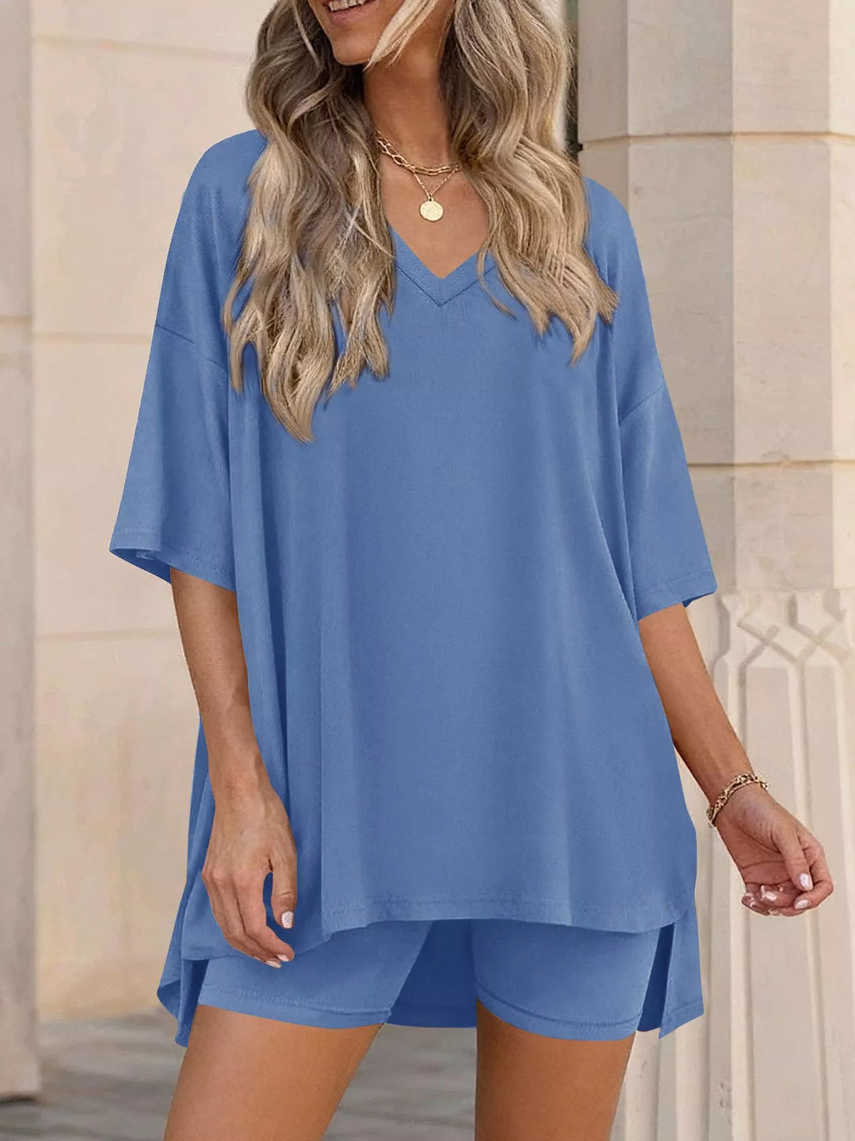 Full Size Casual Loose V-Neck T-Shirt & Shorts Set Plus Size | STAHlin RADIANCE
