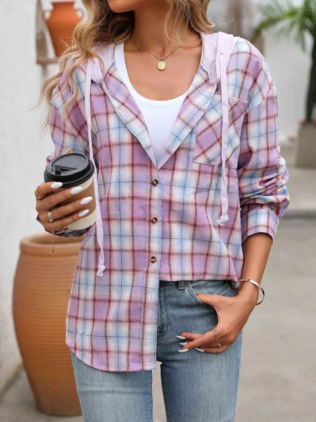 Plaid Button-Up Hooded Shirt with Chest Pocket | STAHlin RADIANCE