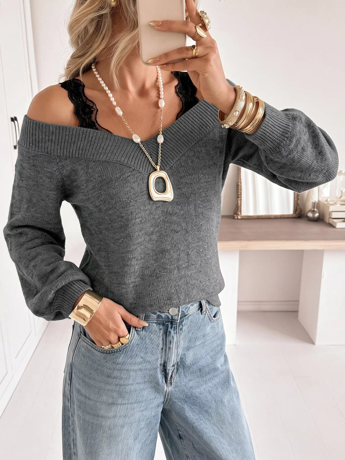 Off-Shoulder Lace Trim Sweater | STAHlin RADIANCE