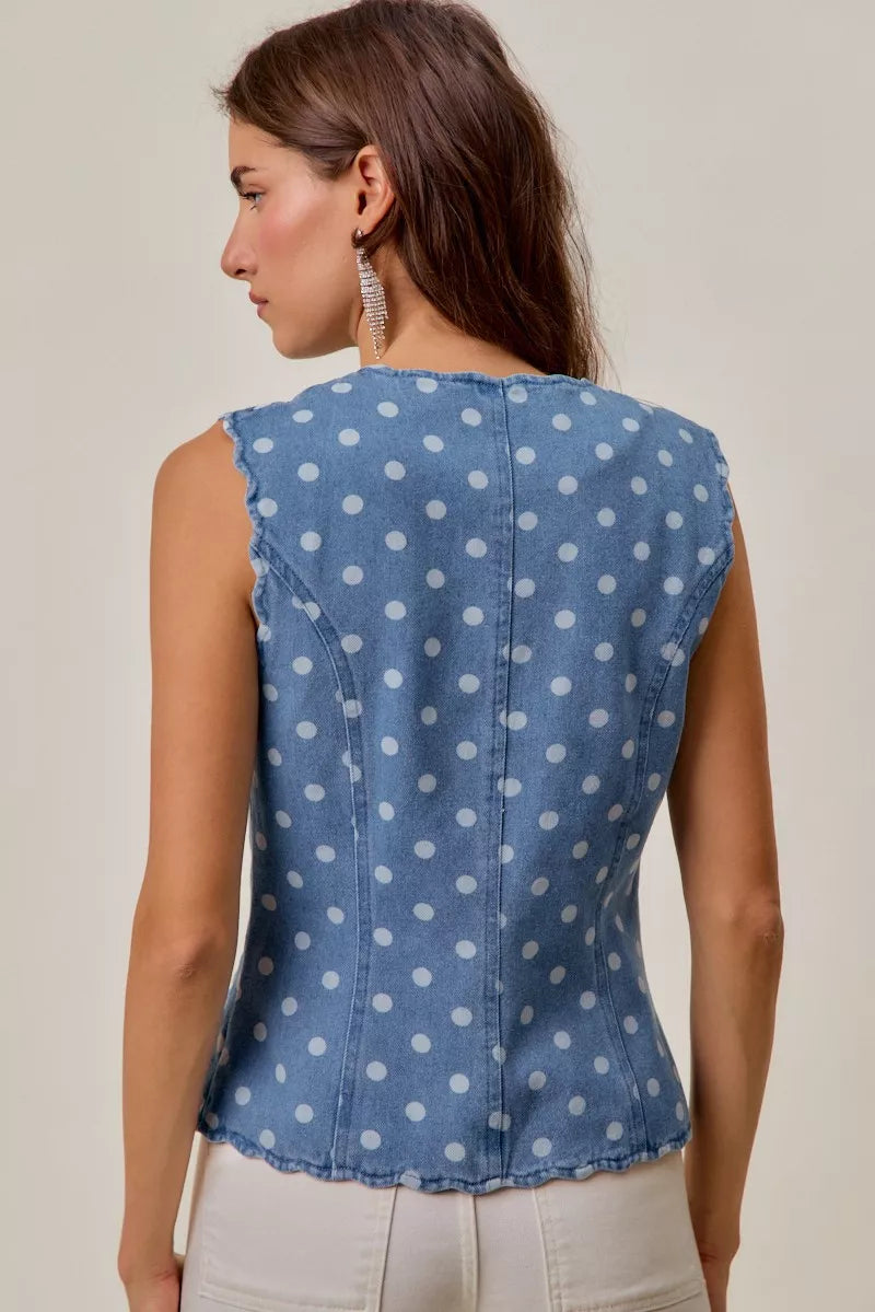 SO ME Polka Dot Denim Scallop Edge Button Down Vest Top | STAHlin RADIANCE