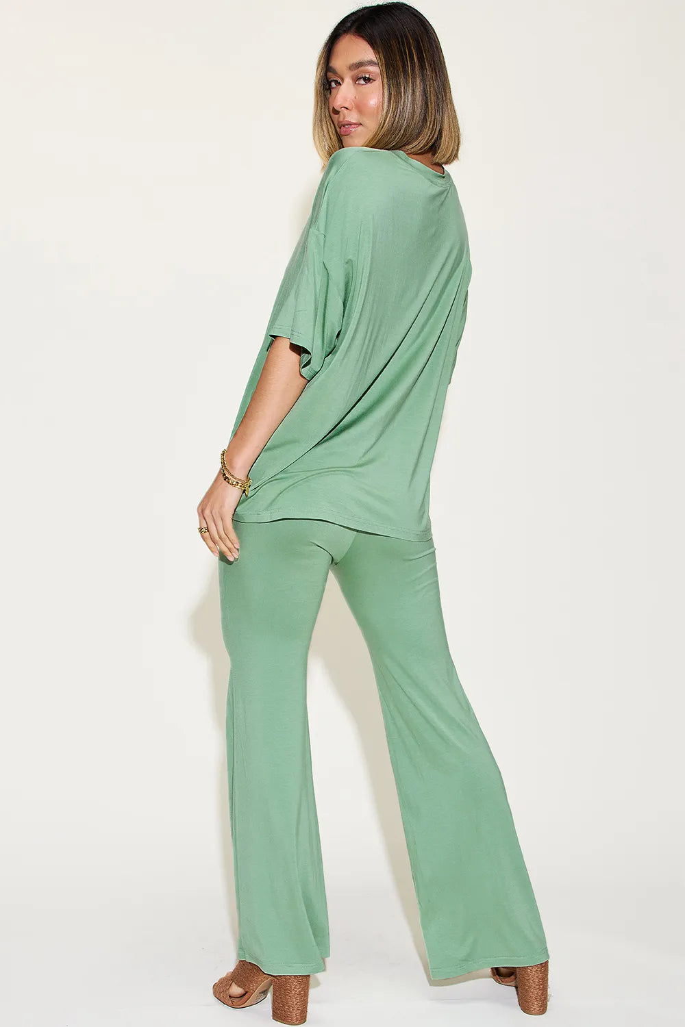 Basic Bae Full Size Bamboo Drop Shoulder T-Shirt and Flare Pants Set | STAHlin RADIANCE
