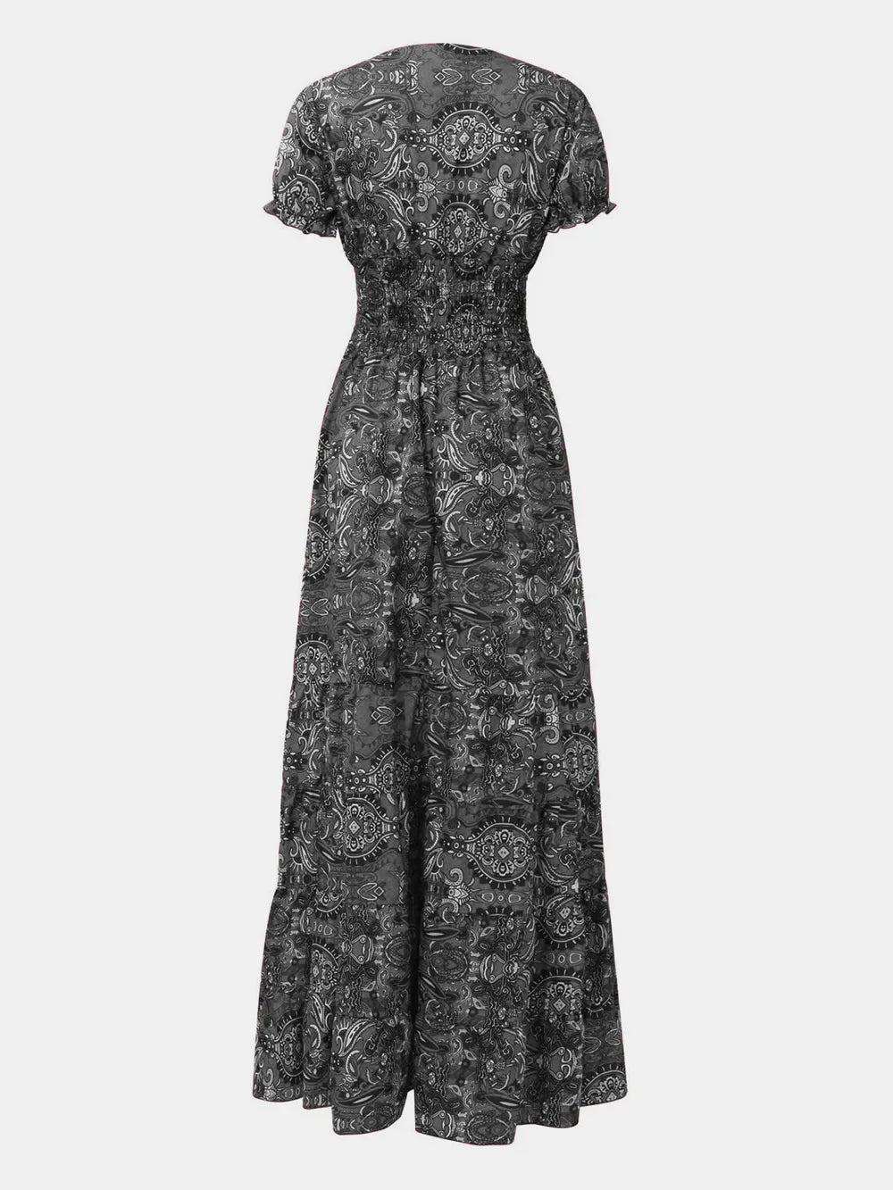 Full Size Smocked Printed V-Neck Short Sleeve Dress | STAHlin RADIANCE