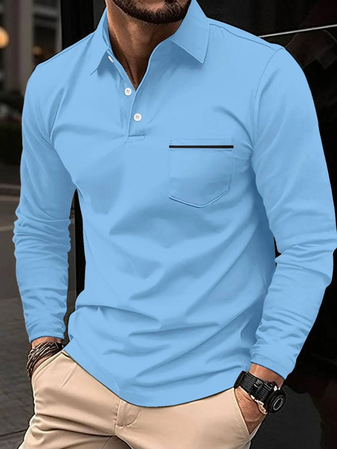 Men's Full Size Button Detail Long Sleeve Polo Plus Size | STAHlin RADIANCE