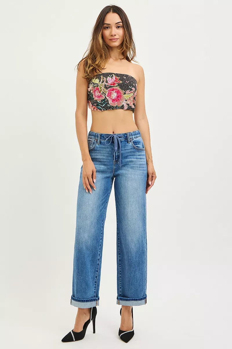 RISEN Elastic Band Slouch Ankle Boyfriend Cuffed Hem Jeans | STAHlin RADIANCE