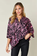 Double Take Full Size Printed Notched Three-Quarter Sleeve Blouse | STAHlin RADIANCE