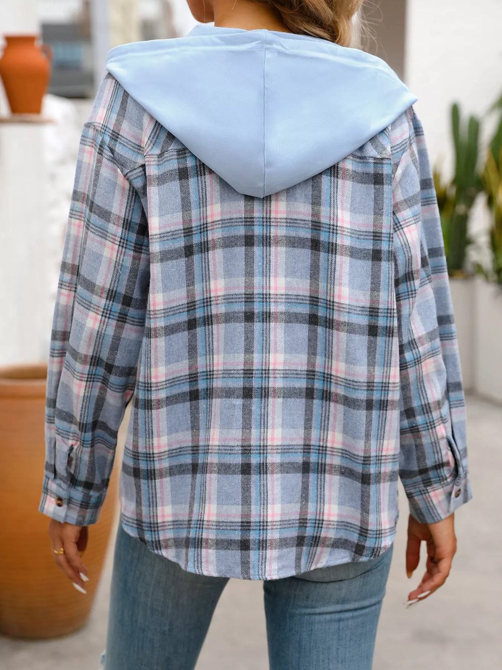 Plaid Button-Up Hooded Shirt with Chest Pocket | STAHlin RADIANCE
