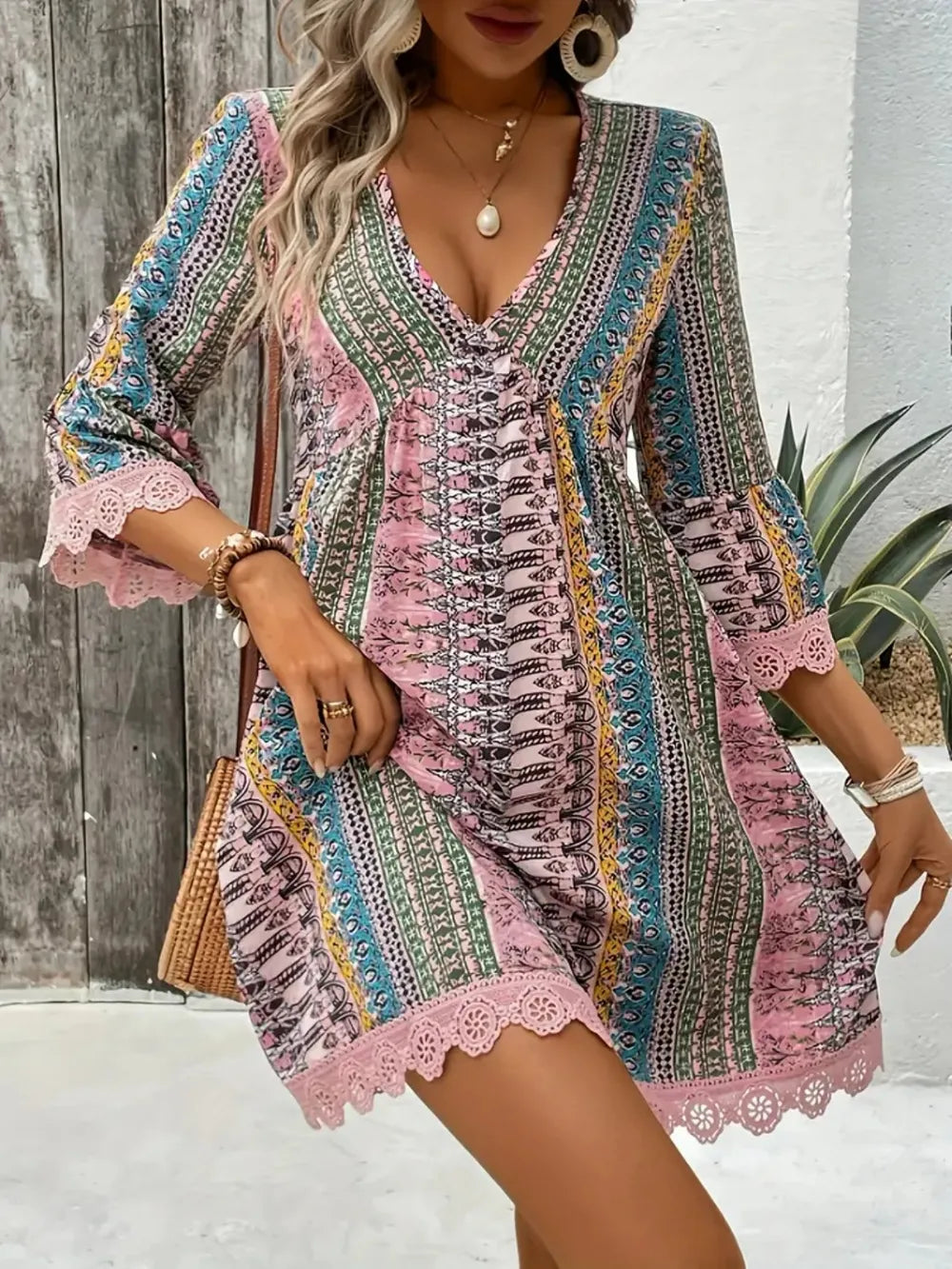 Lace Trim Printed V-Neck 3/4 Sleeve Dress | STAHlin RADIANCE