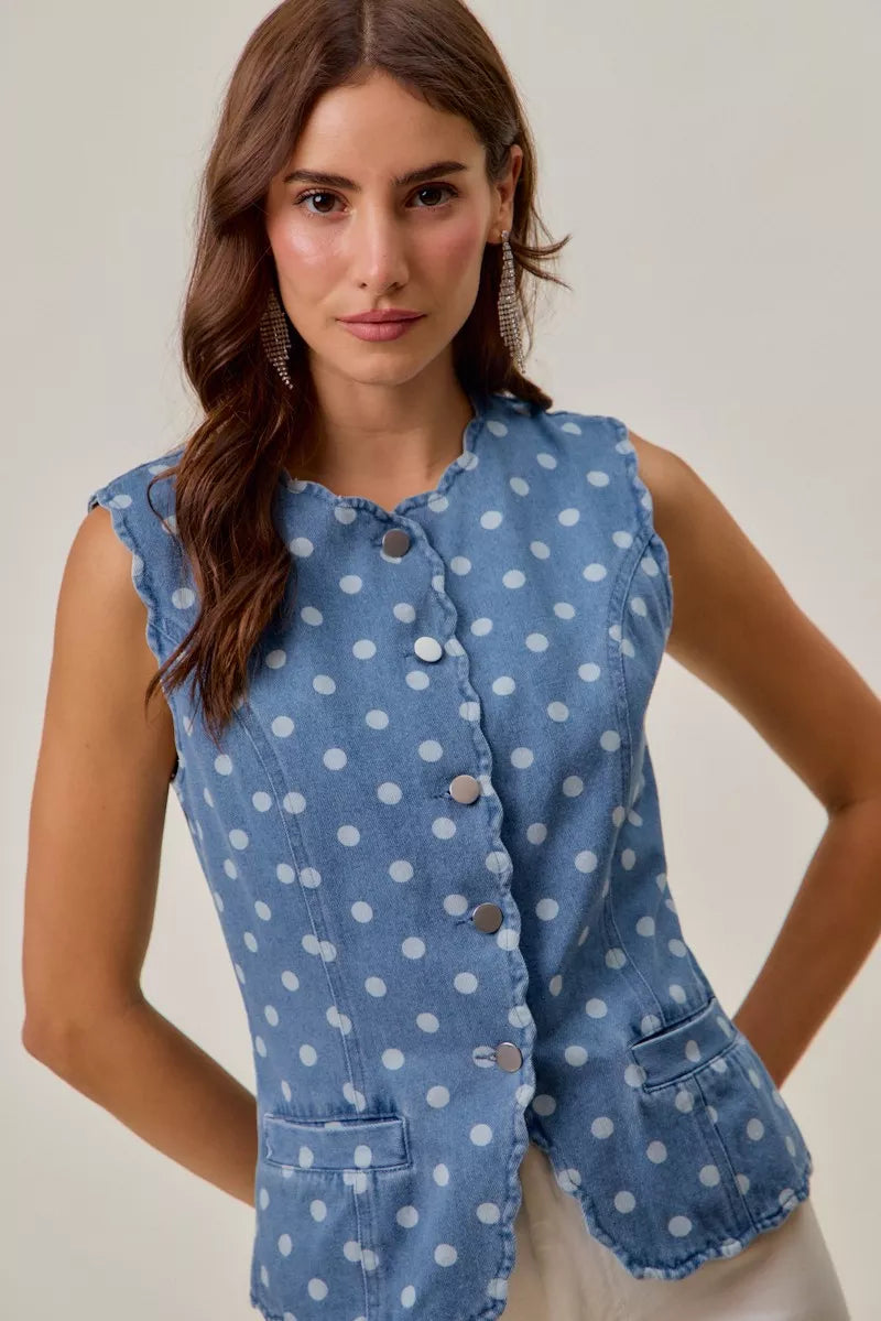 SO ME Polka Dot Denim Scallop Edge Button Down Vest Top | STAHlin RADIANCE
