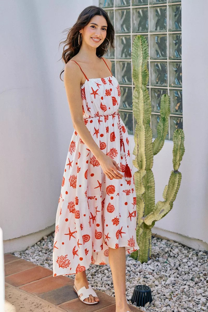 SO ME Shell Print Tiered Lined Midi Cami Dress With Belt | STAHlin RADIANCE