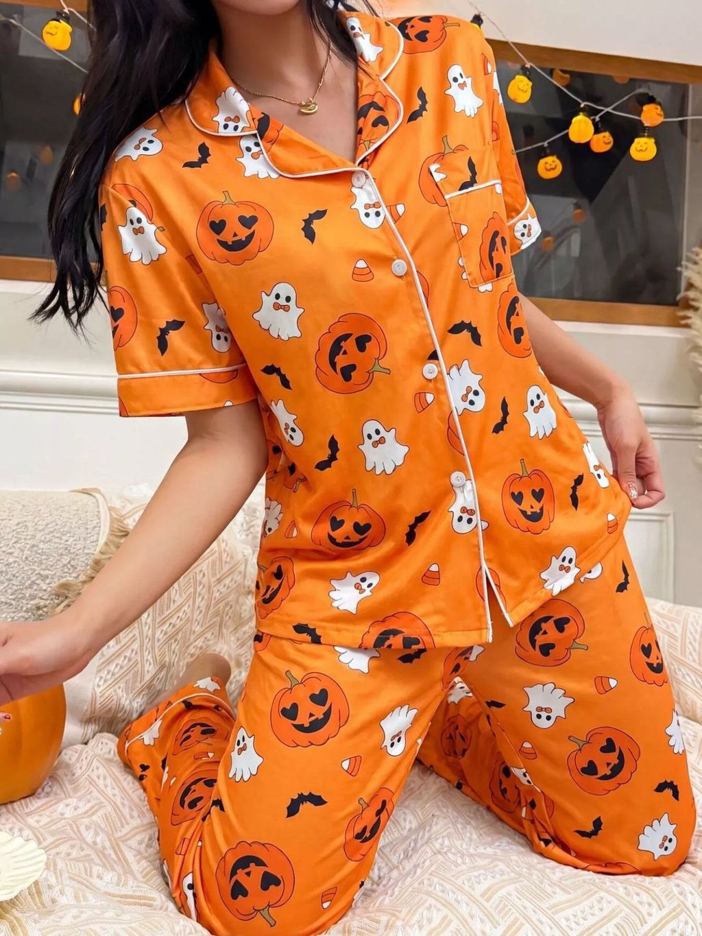Halloween Pumpkin Print Button-Down Top and Pants Set | STAHlin RADIANCE