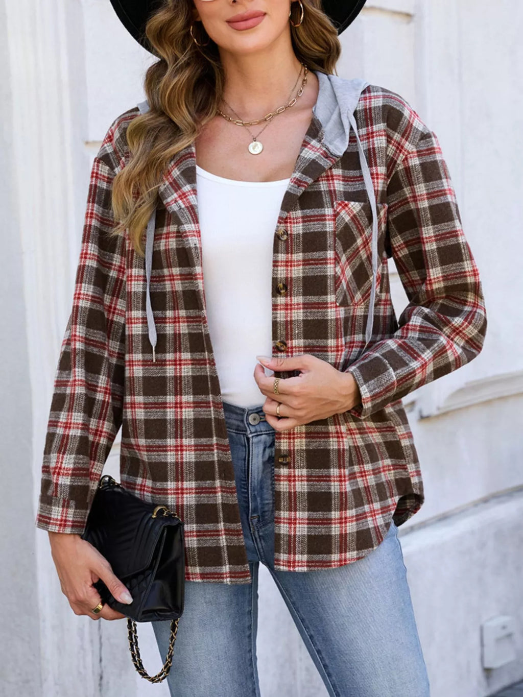 Hooded Plaid Button-Up Shacket | STAHlin RADIANCE