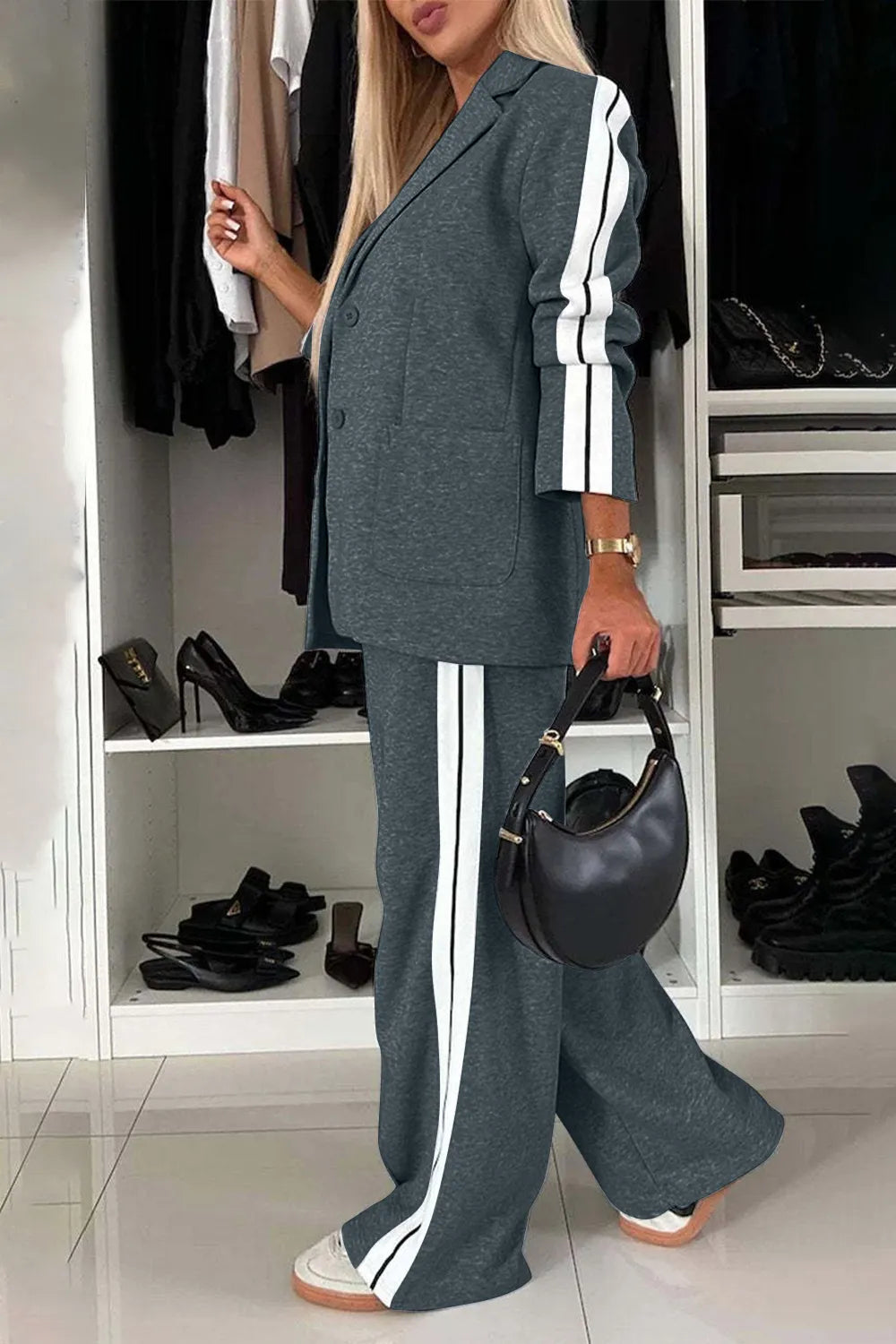 Full Size Contrast Lapel Collar Top and Pants Set | STAHlin RADIANCE