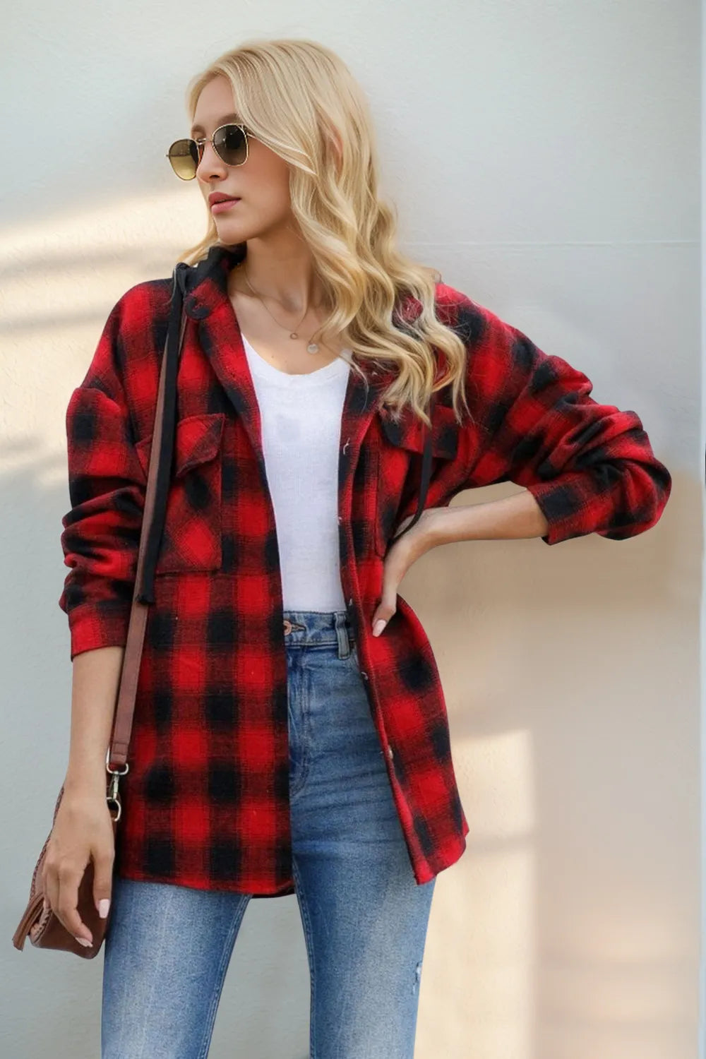 Double Take Drawstring Plaid Long Sleeve Hooded Shacket | STAHlin RADIANCE