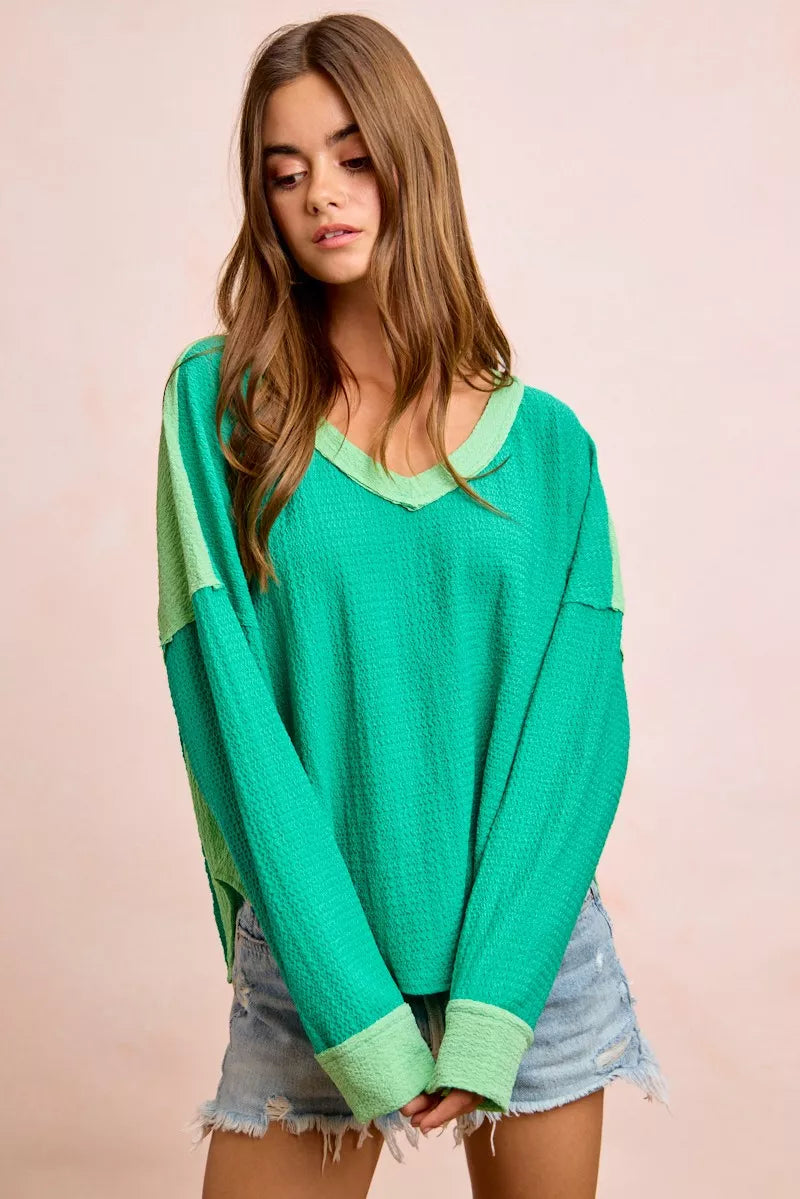 BiBi Textured Jersey Color Block Top With Cut Edge | STAHlin RADIANCE