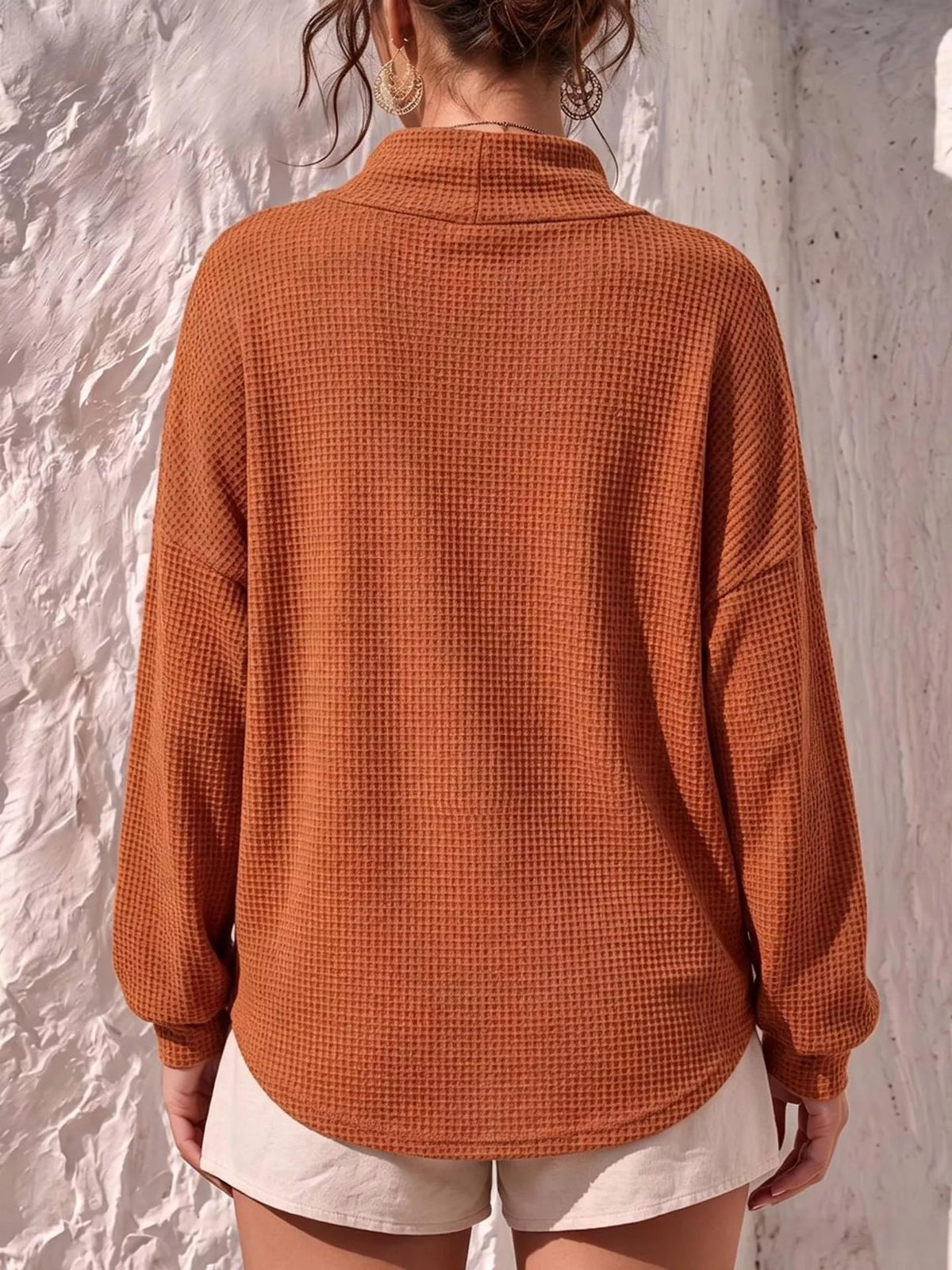 Full Size Waffle Knit Mock Neck Long Sleeve T-Shirt Plus Size | STAHlin RADIANCE