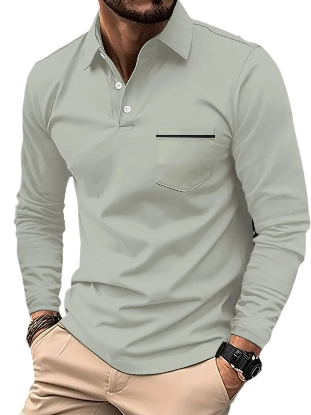Men's Full Size Button Detail Long Sleeve Polo Plus Size | STAHlin RADIANCE