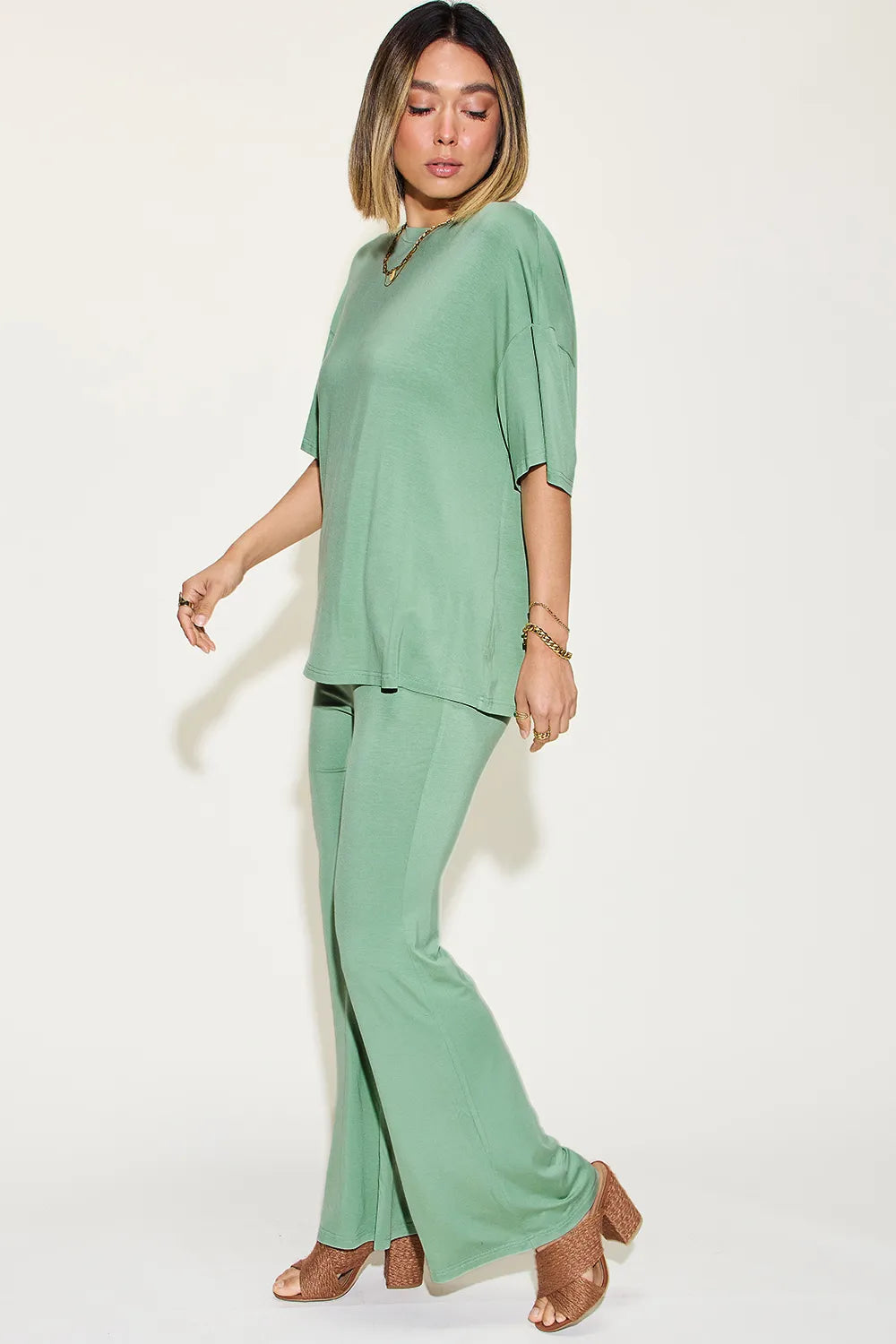 Basic Bae Full Size Bamboo Drop Shoulder T-Shirt and Flare Pants Set | STAHlin RADIANCE