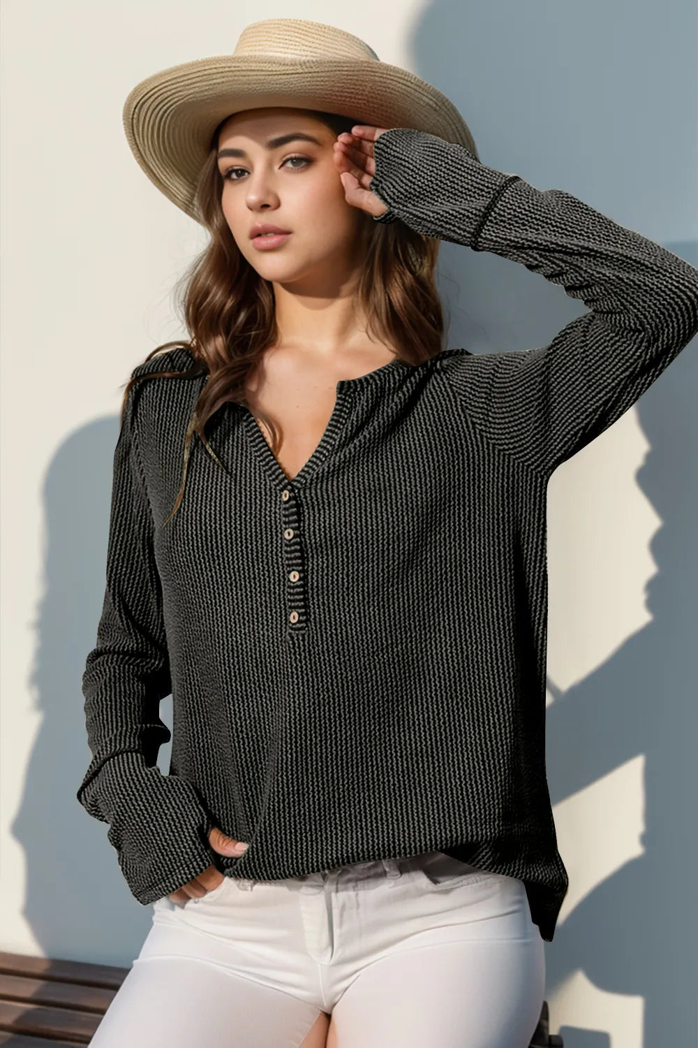 Double Take Full Size Notched Thumbhole Long Sleeve T-Shirt | STAHlin RADIANCE