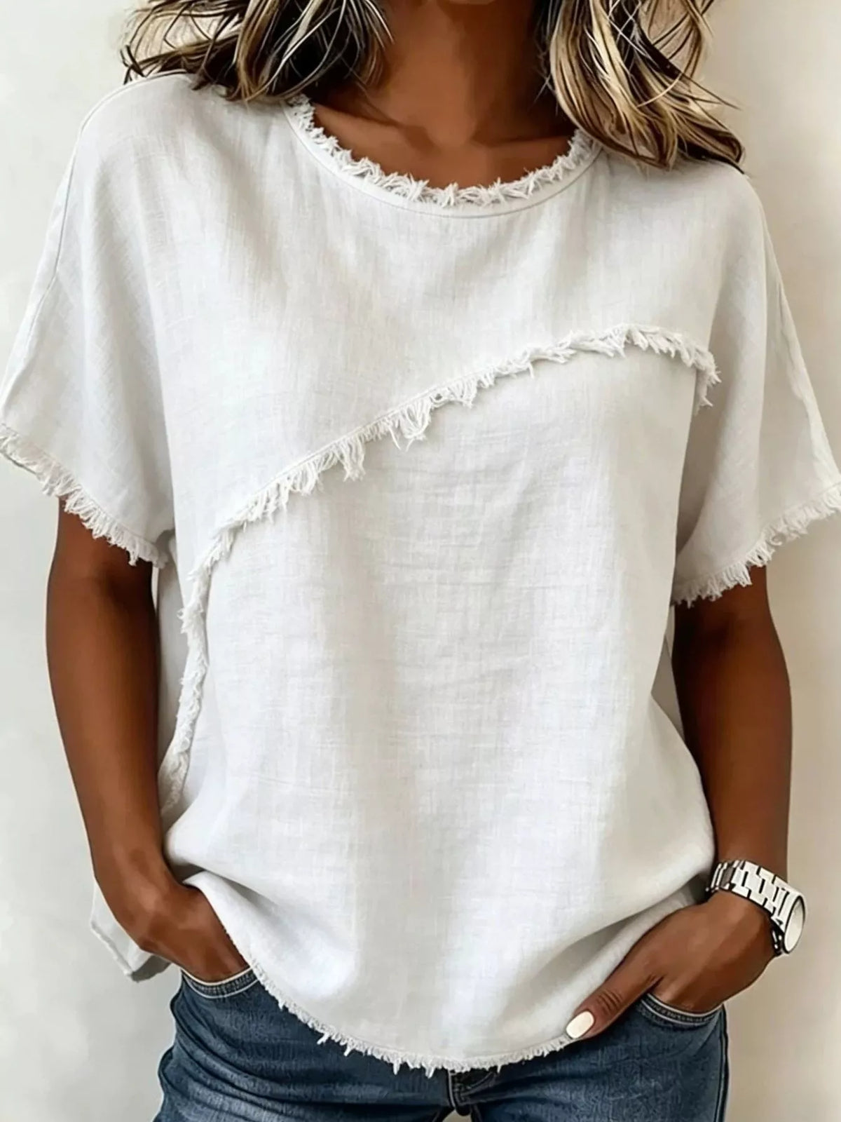 Full Size Frayed Hem Short Sleeve Top Plus Size | STAHlin RADIANCE