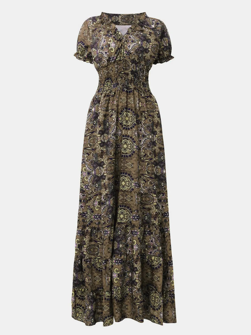 Full Size Smocked Printed V-Neck Short Sleeve Dress | STAHlin RADIANCE
