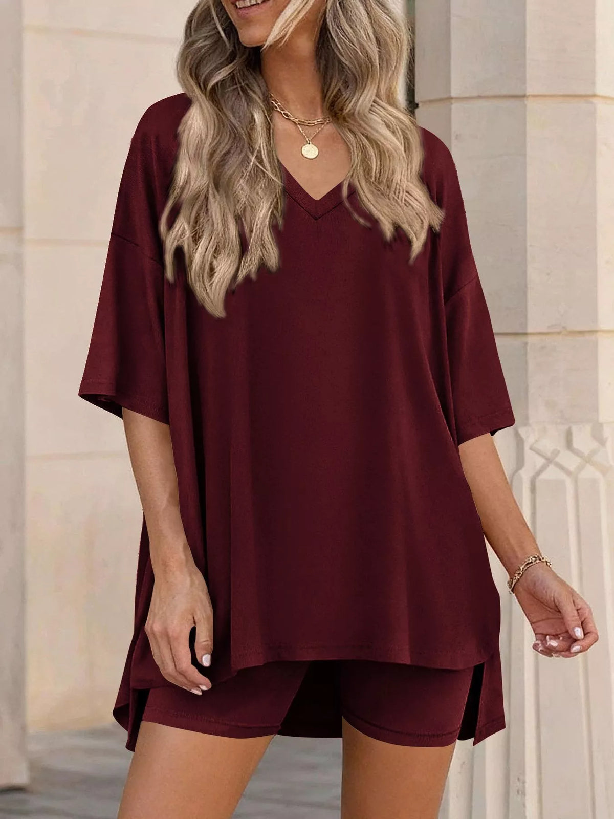 Full Size Casual Loose V-Neck T-Shirt & Shorts Set Plus Size | STAHlin RADIANCE