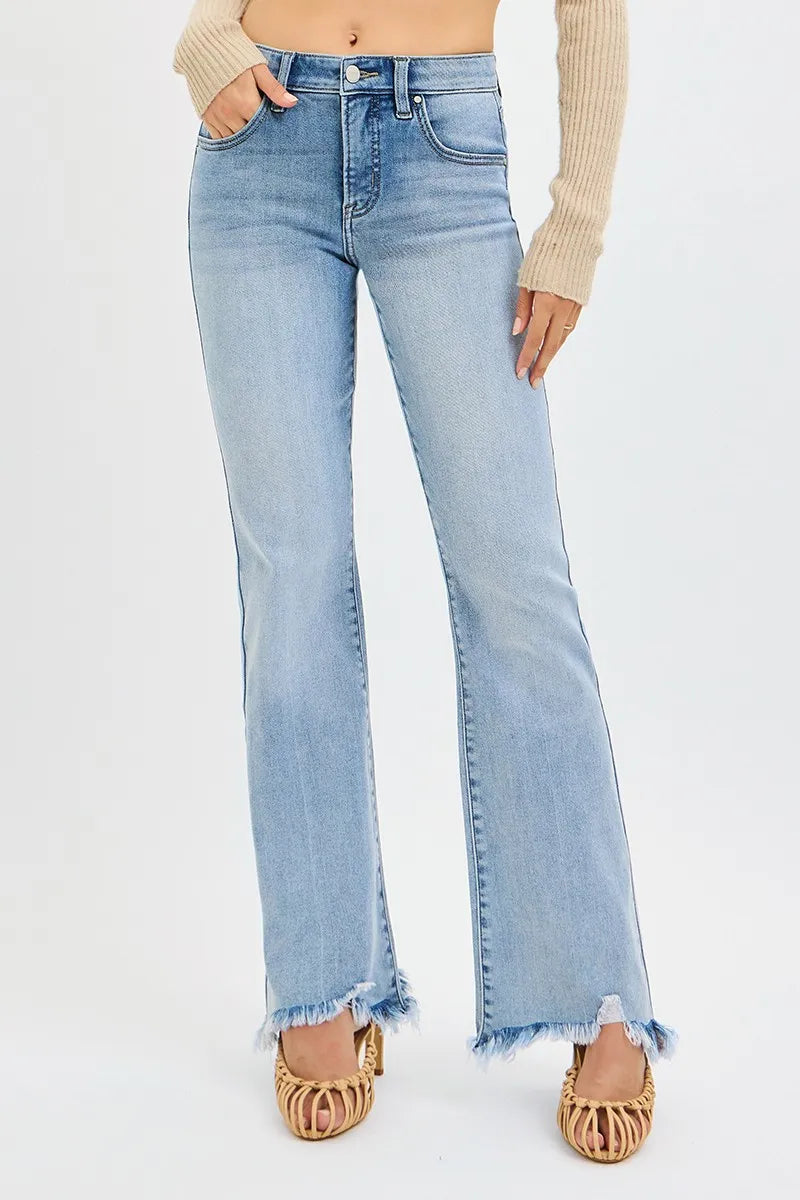 RISEN Full Size Tummy Control Mid Rise Flare Jeans with Fray Hem Detailed Plus Size | STAHlin RADIANCE