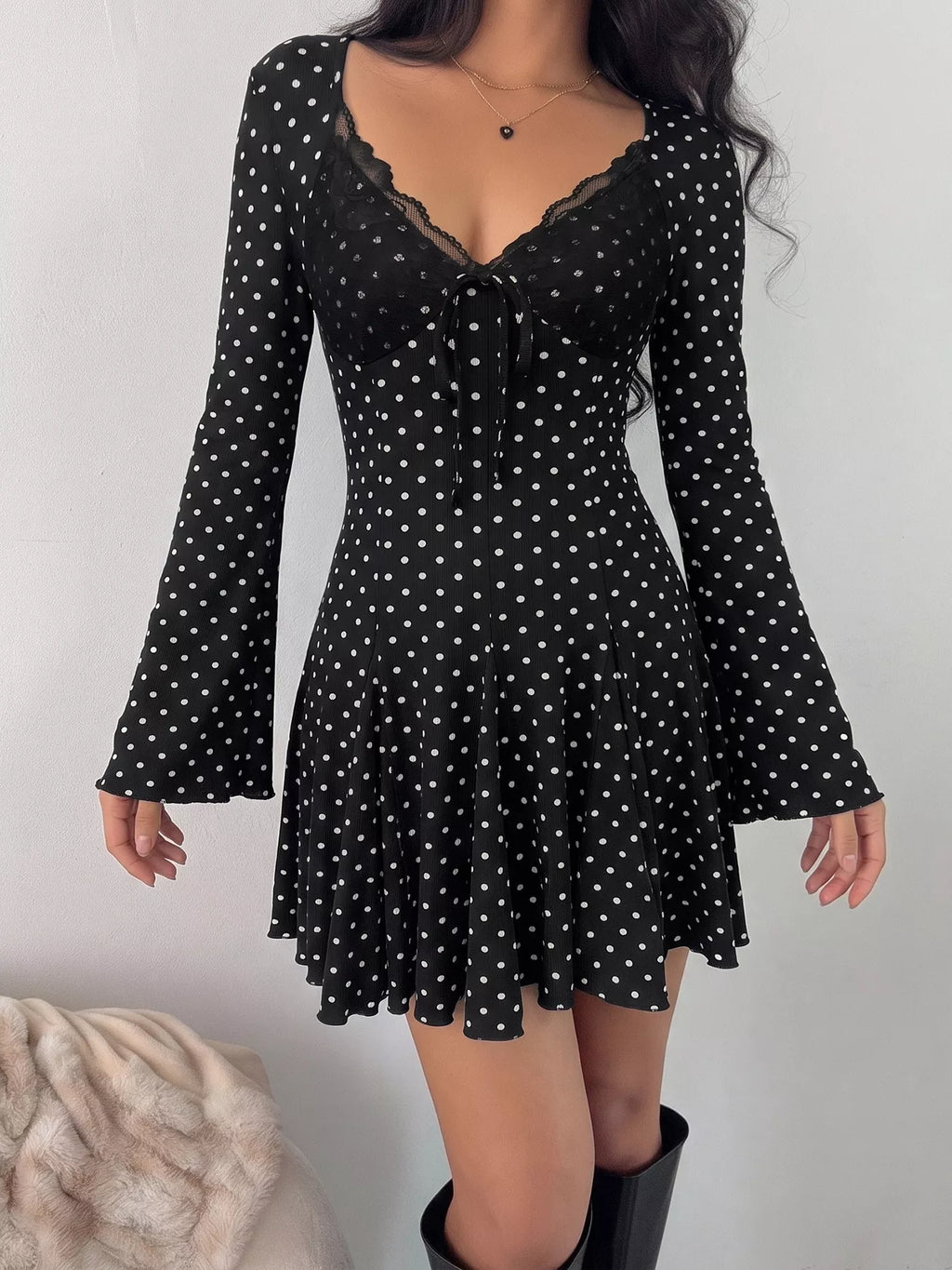 Polka Dot Lace Trimmed V-Neck Mini Dress | STAHlin RADIANCE