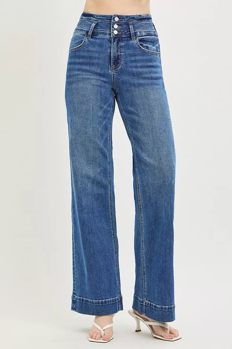 RISEN High Rise Wide Leg Wide Band Detail Jeans | STAHlin RADIANCE