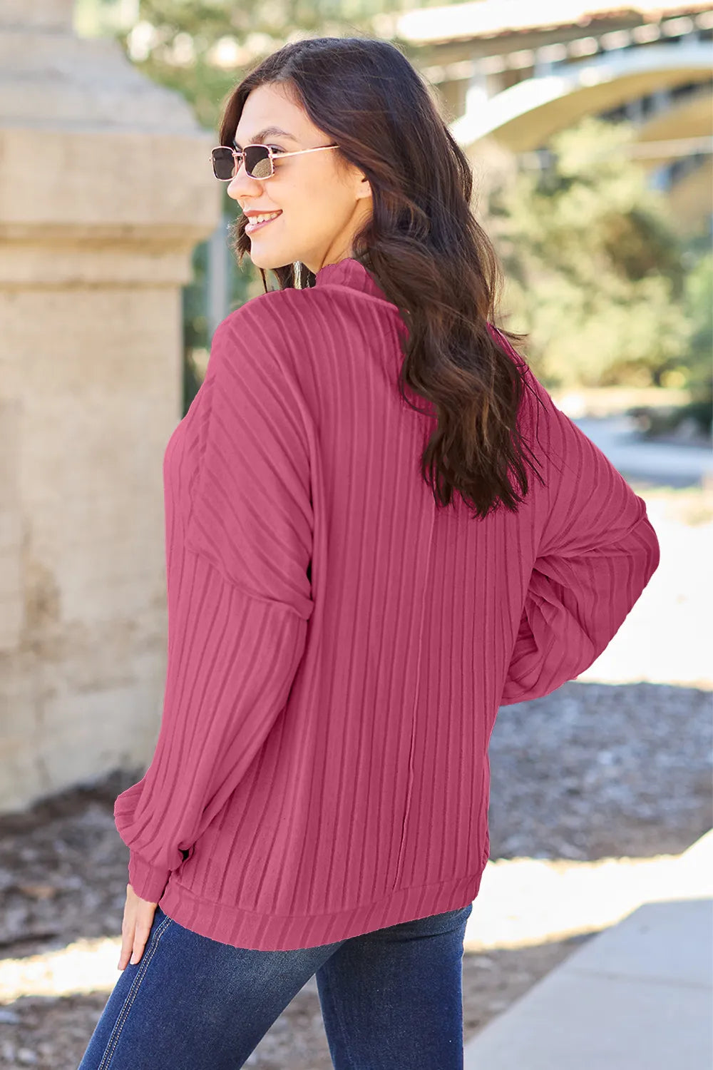 Basic Bae Full Size Ribbed Exposed Seam Mock Neck Knit Top | STAHlin RADIANCE