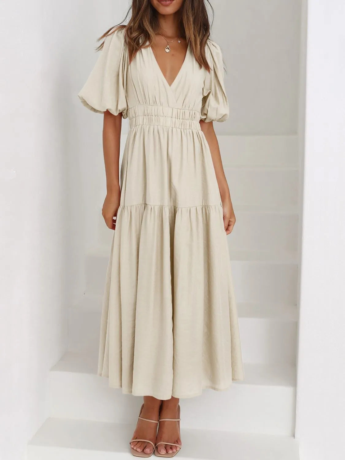V-Neck Puff Sleeve Midi Dress | STAHlin RADIANCE