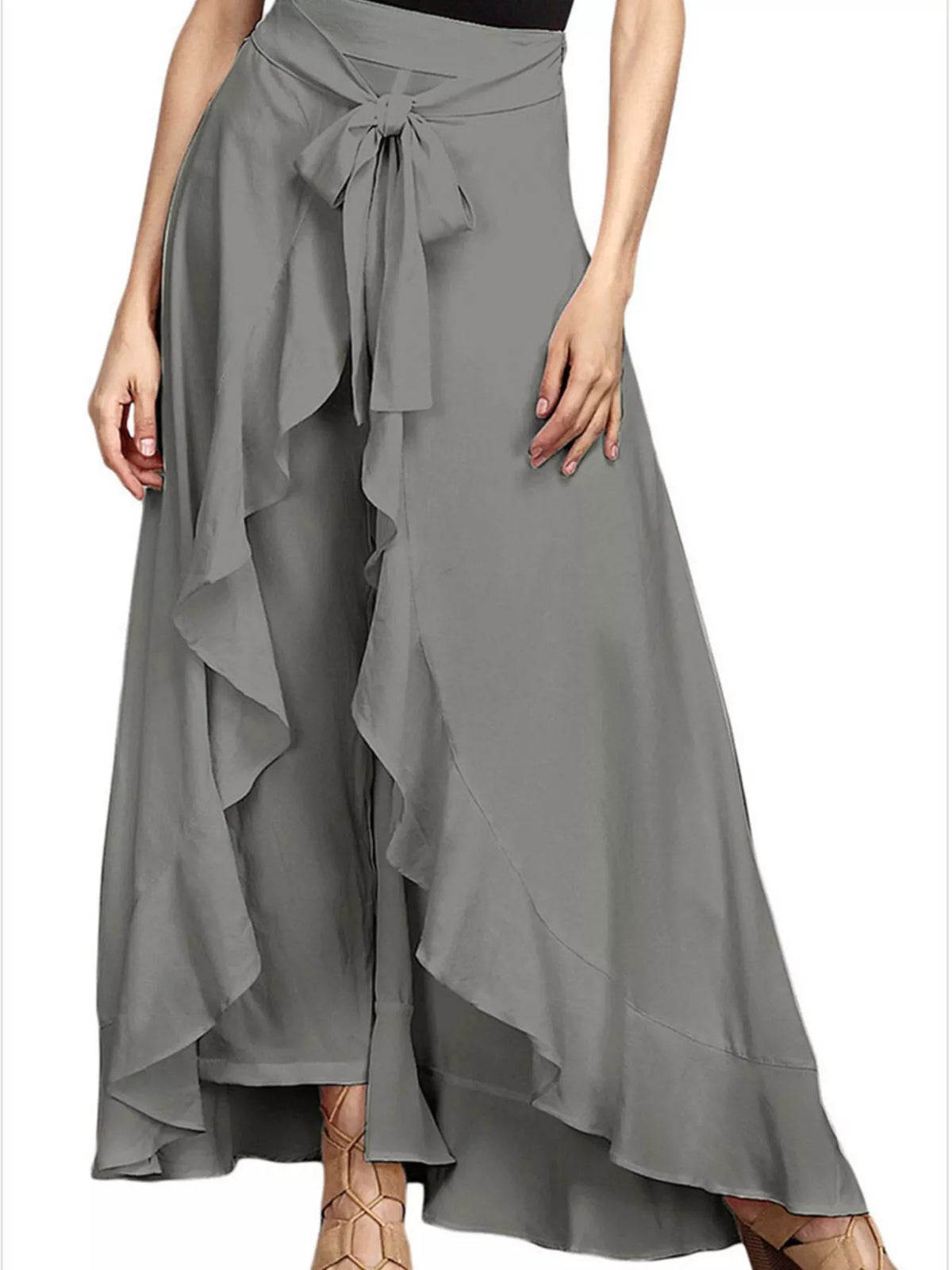 Full Size High-Waisted Tie-Front Ruffled Wide-Leg Pants Plus Size | STAHlin RADIANCE