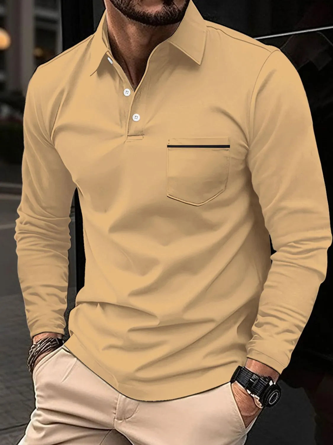 Men's Full Size Button Detail Long Sleeve Polo Plus Size | STAHlin RADIANCE