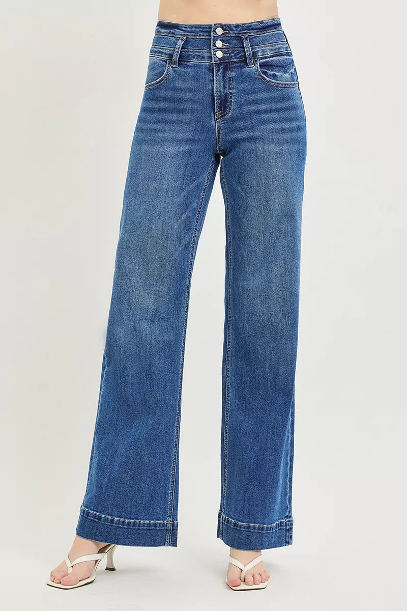 RISEN High Rise Wide Leg Wide Band Detail Jeans | STAHlin RADIANCE