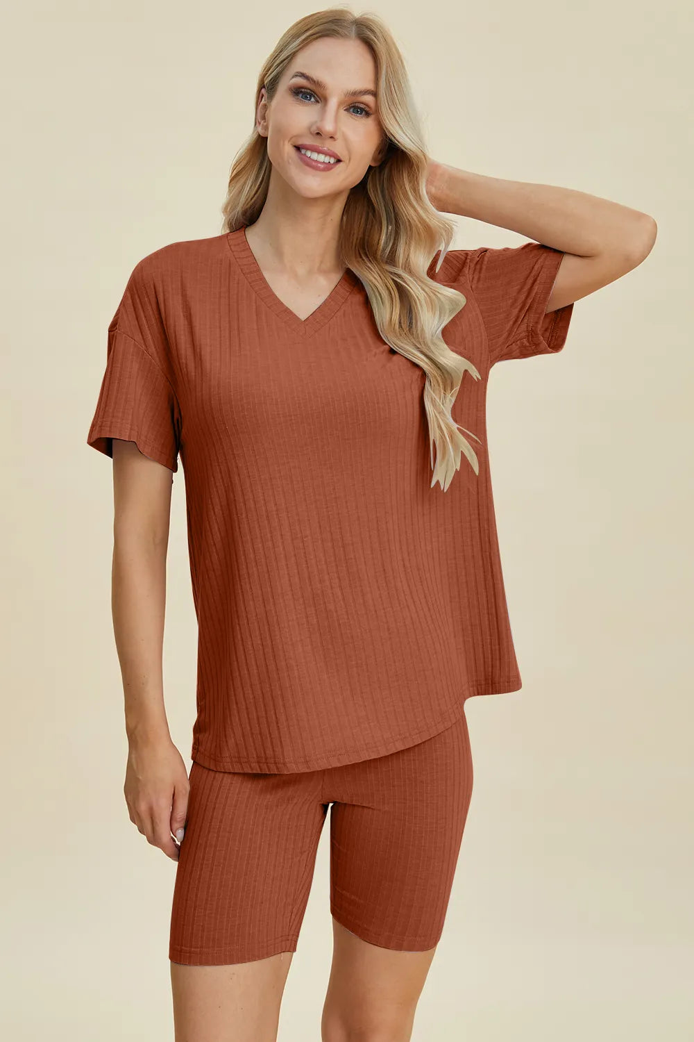 Basic Bae Full Size Ribbed V-Neck Short Sleeve Top and Shorts Set | STAHlin RADIANCE