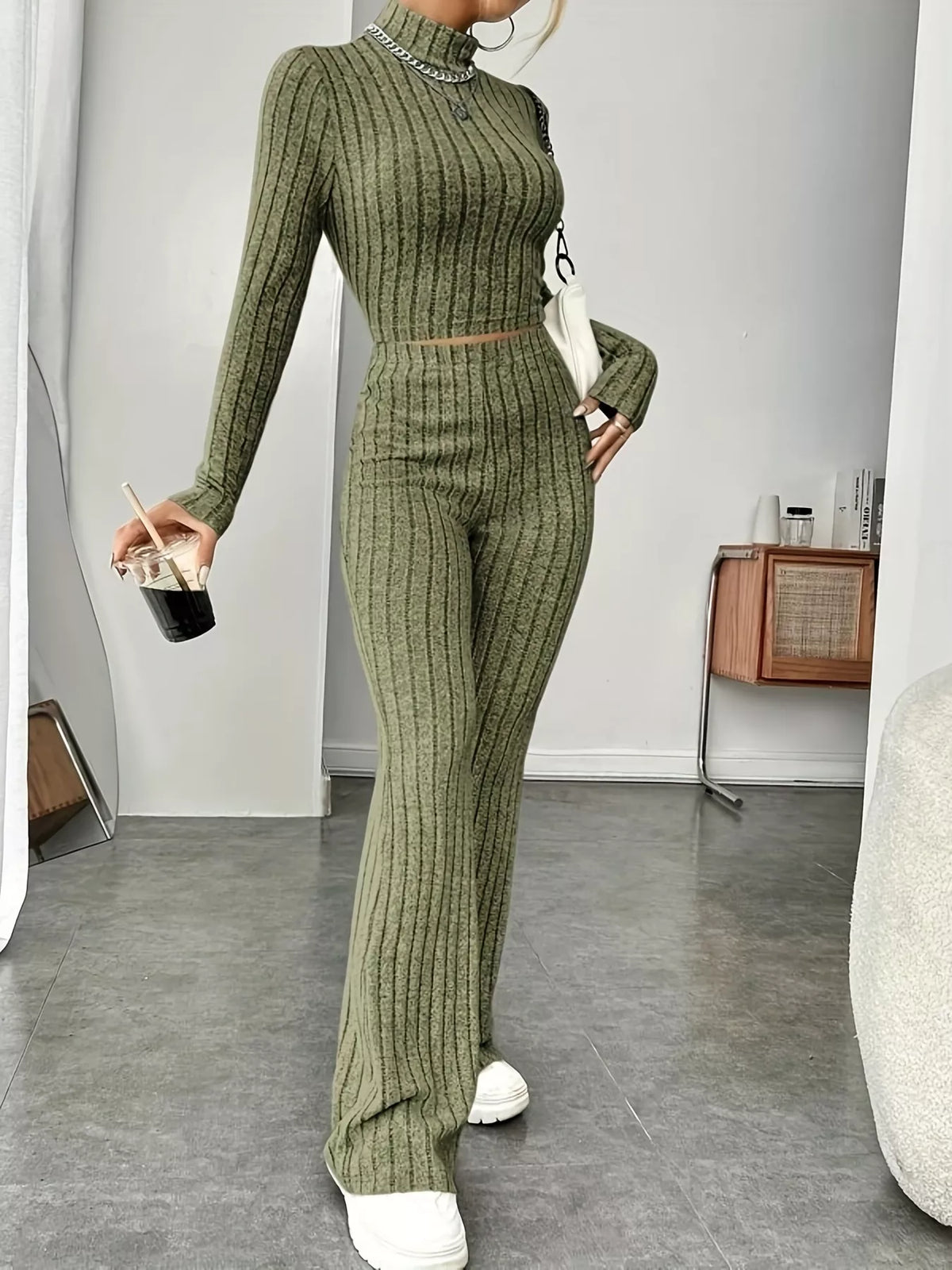Ribbed Turtleneck Crop Top and Flare Pants Sweater Set | STAHlin RADIANCE