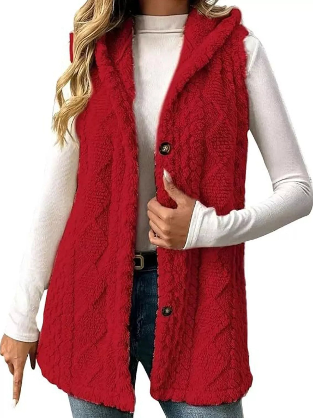 Hooded Button-Up Sherpa Vest Coat | STAHlin RADIANCE