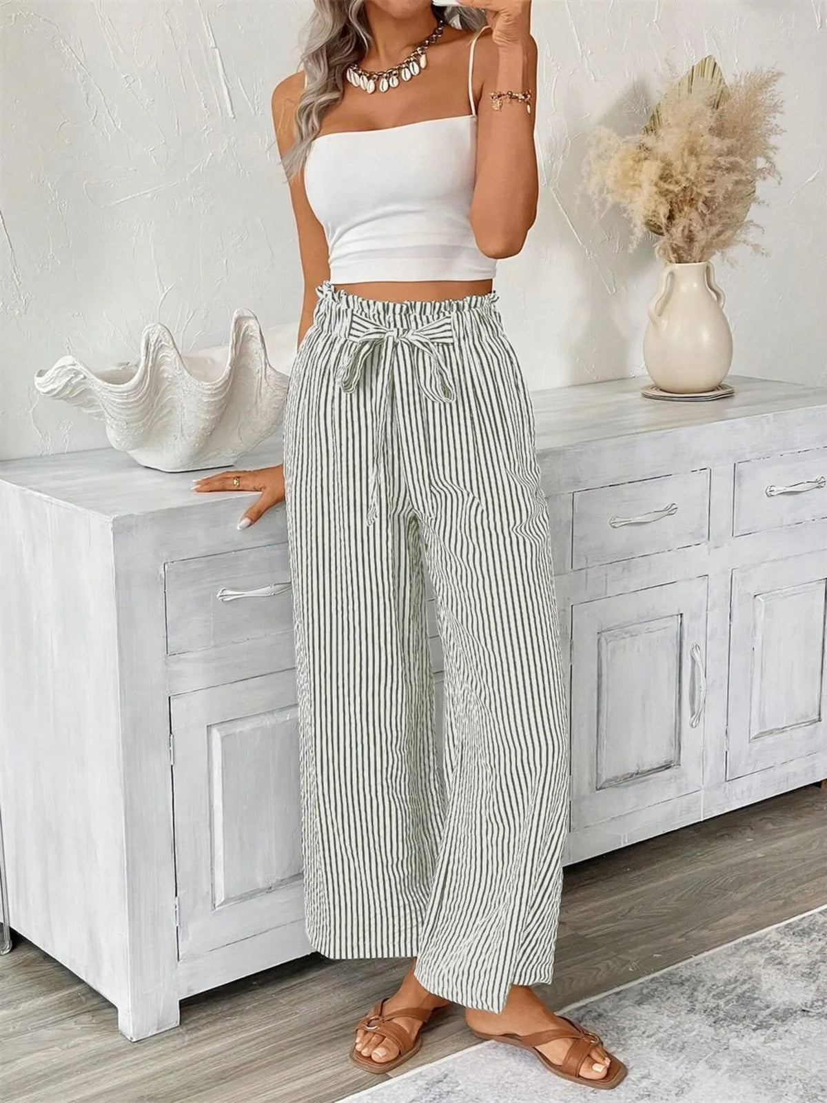 Full Size Striped Wide Leg Paper Bag Pants Plus Size | STAHlin RADIANCE