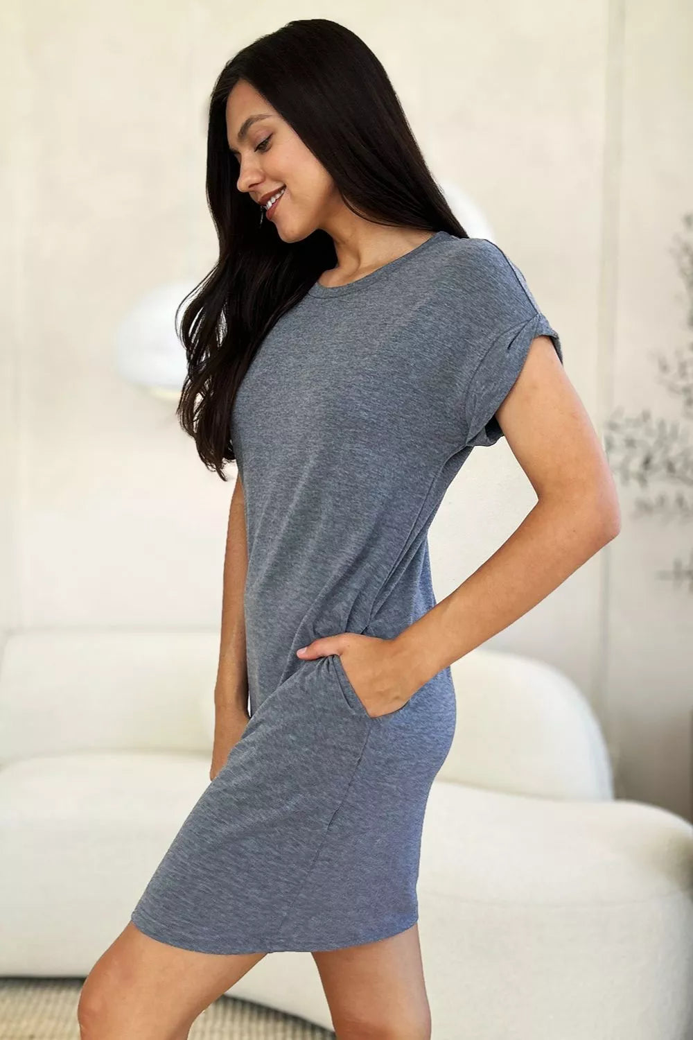 Basic Bae Full Size Solid Round Neck Short Sleeve Casual Loose Mini T-Shirt Dress with Side Pockets | STAHlin RADIANCE