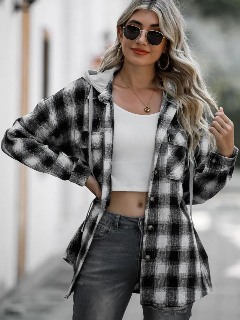 Double Take Drawstring Plaid Long Sleeve Hooded Shacket | STAHlin RADIANCE