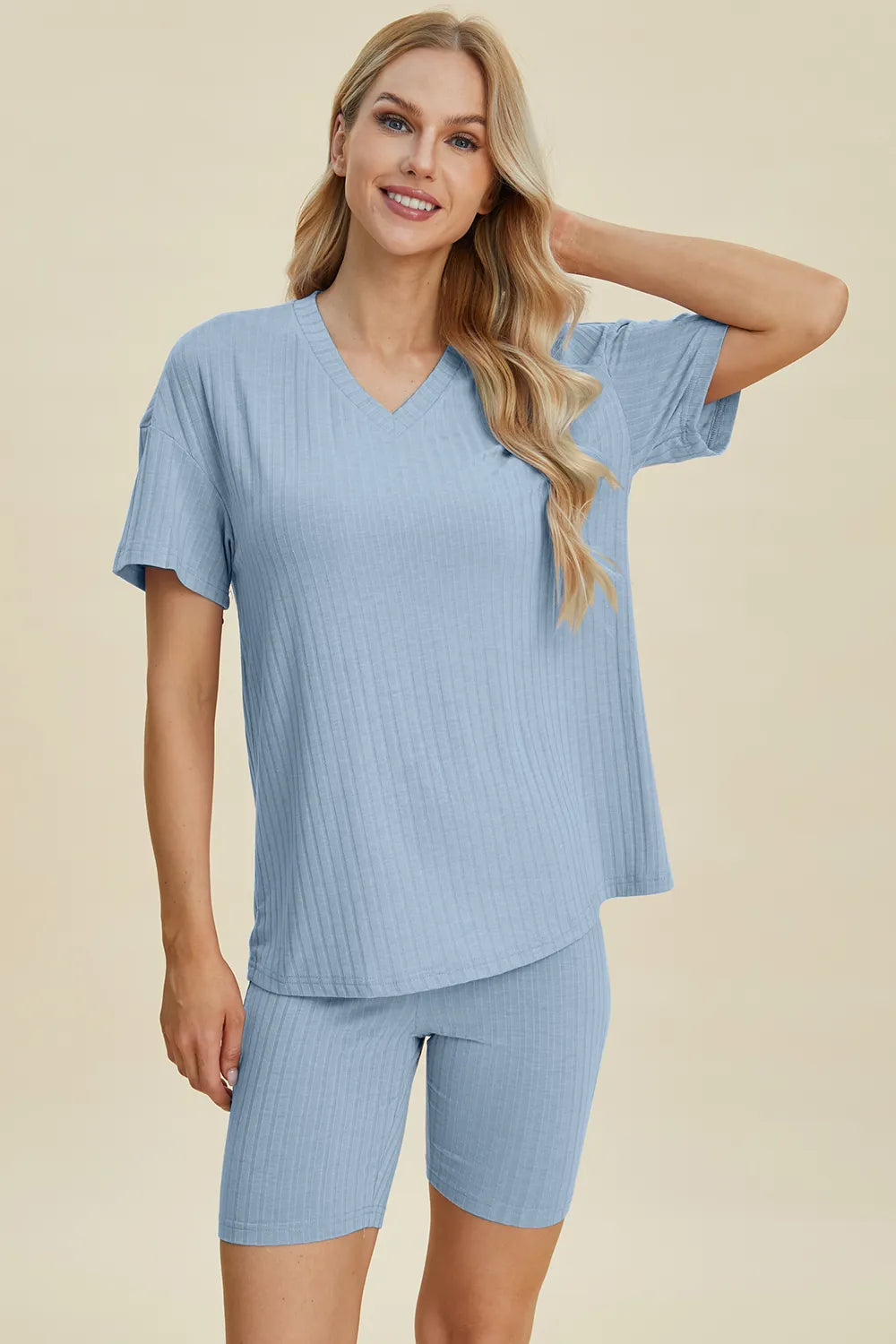 Basic Bae Full Size Ribbed V-Neck Short Sleeve Top and Shorts Set | STAHlin RADIANCE