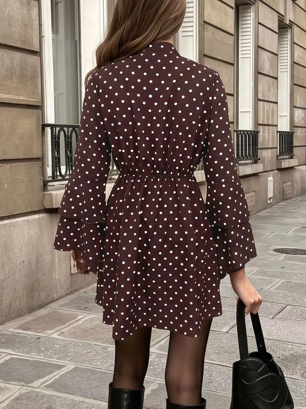 Polka Dot Flare Sleeve Tie Neck Dress | STAHlin RADIANCE