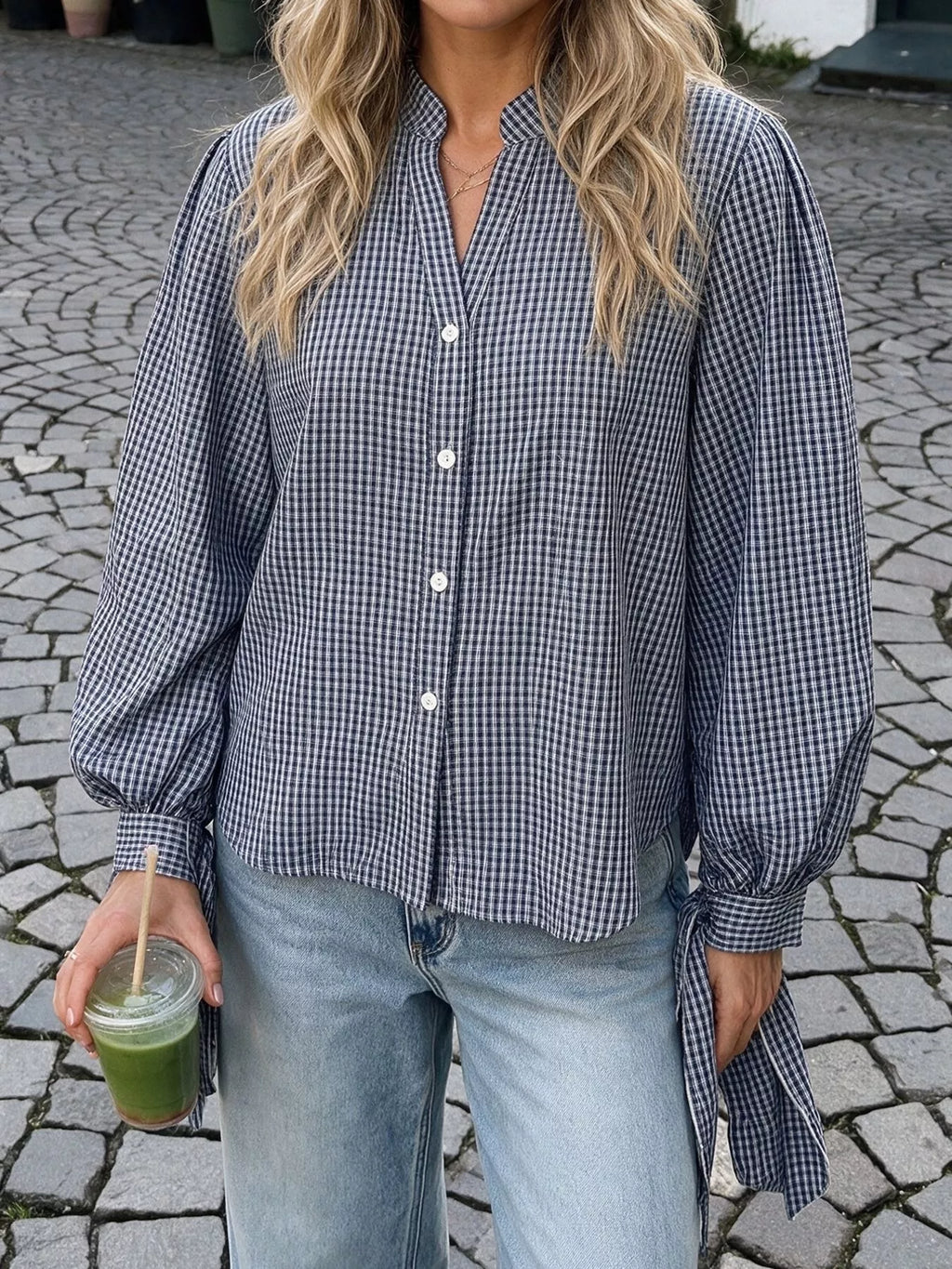 Gingham Button Up Shirt with Tie-Sleeve Detail | STAHlin RADIANCE